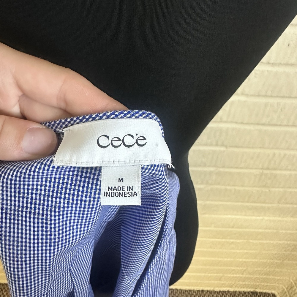 CeCe Gingham Blue Tie Top Boxy M Grandma Core Sleeveless Preppy Pleated Cotton - Picture 4 of 5